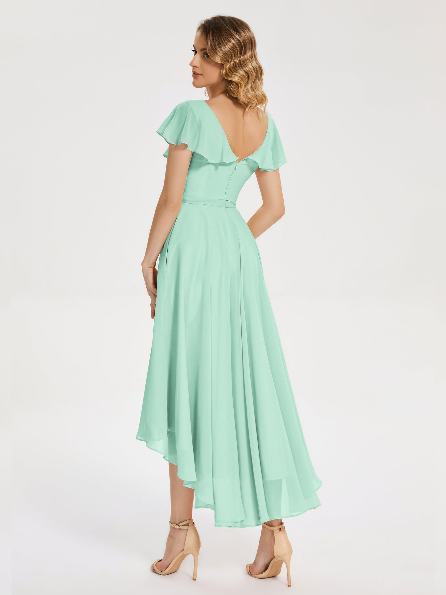Gabriela Short Sleeves High Low Bridesmaid Dress with Pockets