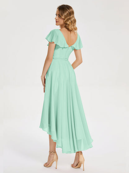 Gabriela Short Sleeves High Low Bridesmaid Dress with Pockets