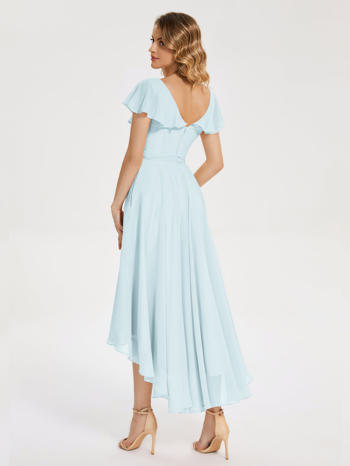 Gabriela Short Sleeves High Low Bridesmaid Dress with Pockets