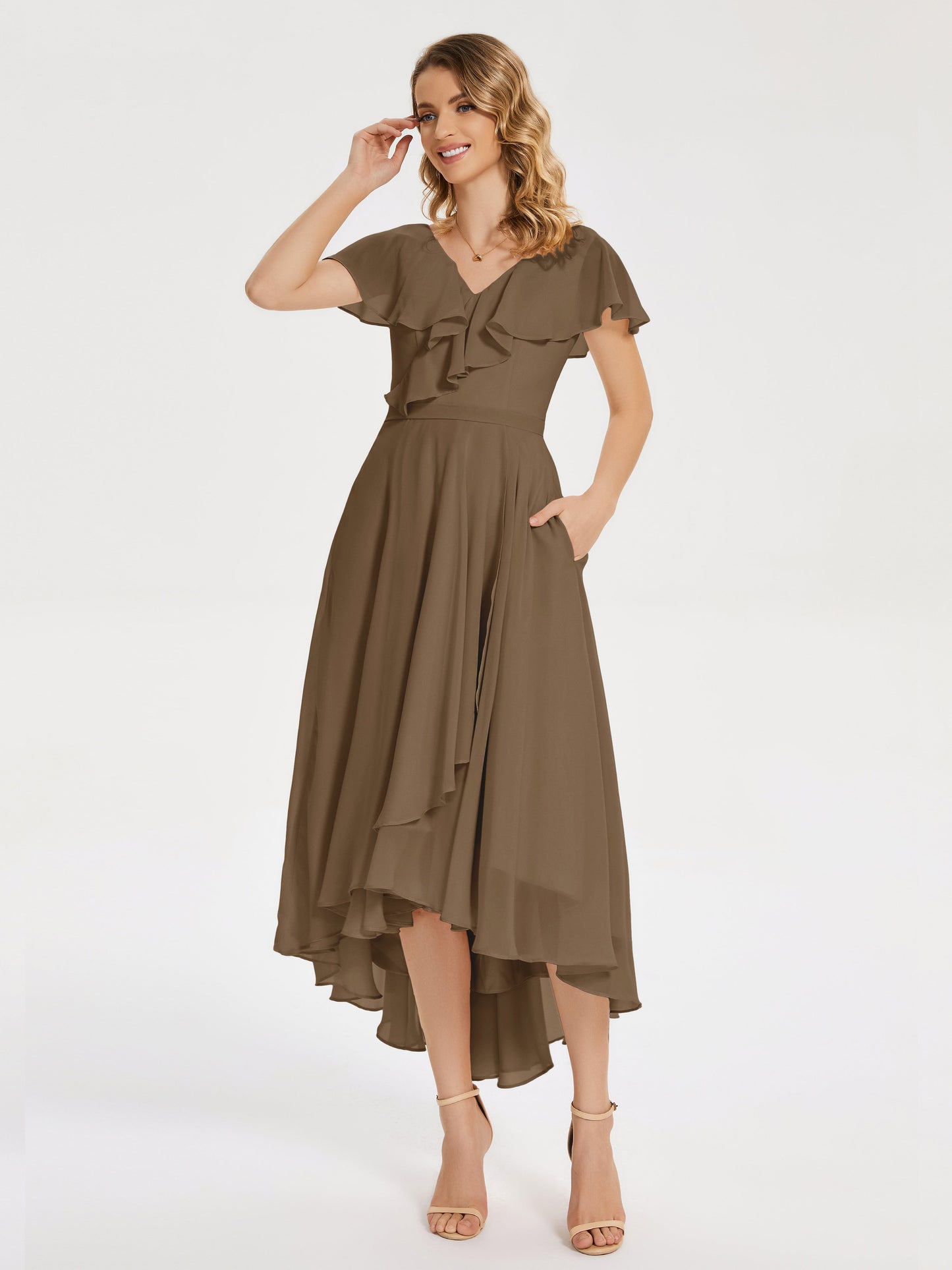 Gabriela Short Sleeves High Low Bridesmaid Dress with Pockets