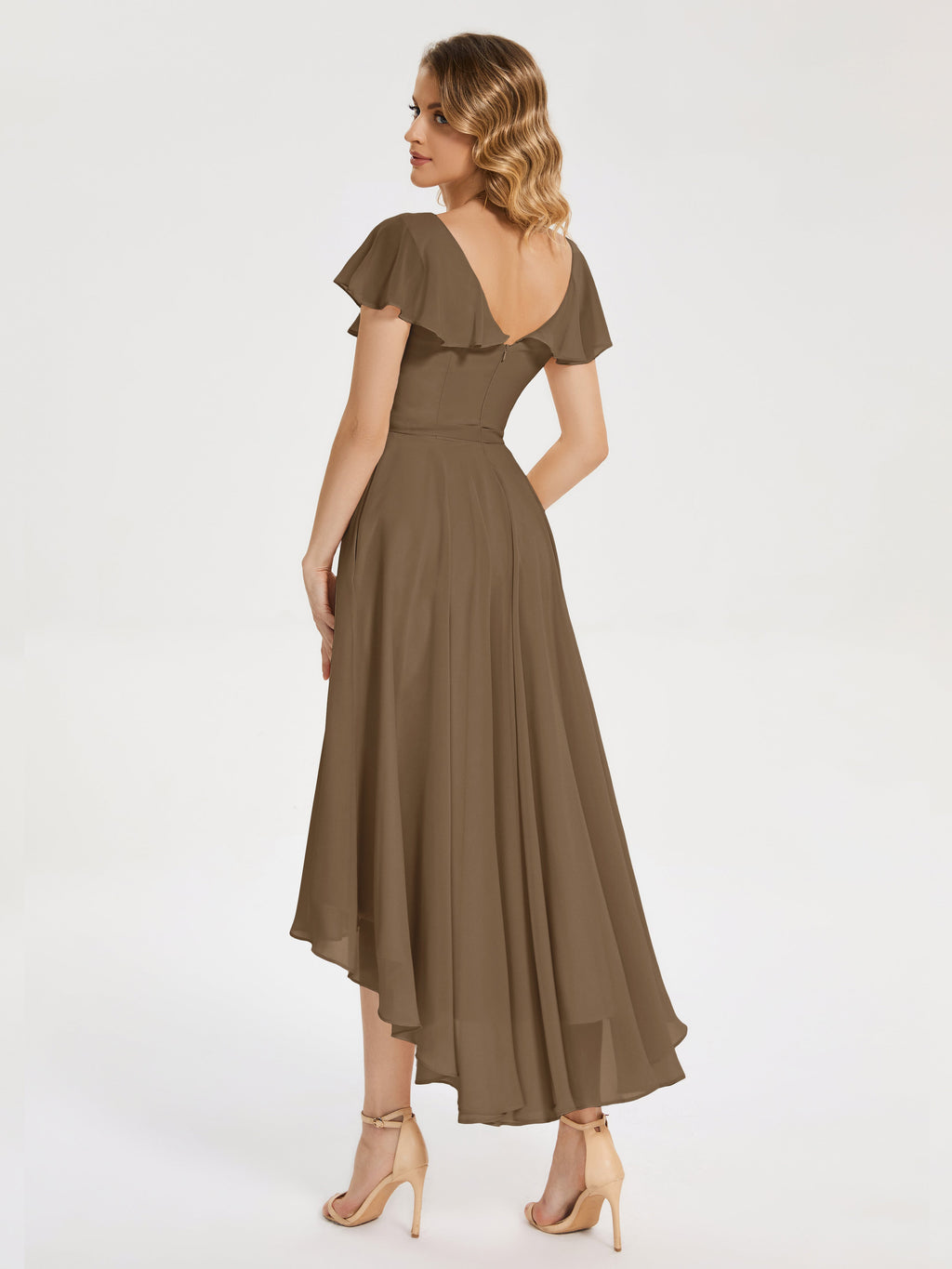 Gabriela Short Sleeves High Low Bridesmaid Dress with Pockets