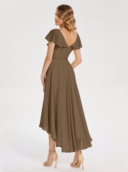 Gabriela Short Sleeves High Low Bridesmaid Dress with Pockets