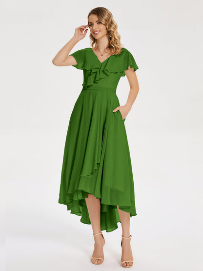 Gabriela Short Sleeves High Low Bridesmaid Dress with Pockets