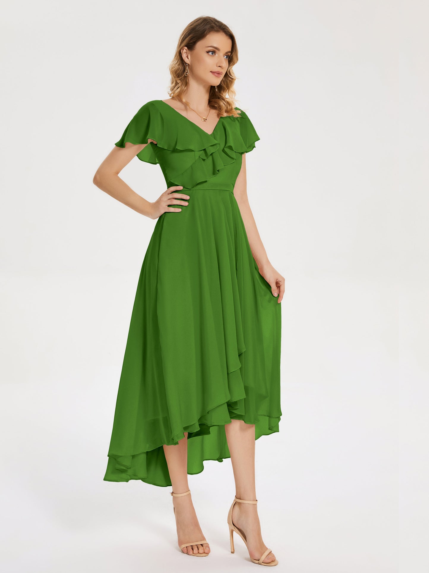 Gabriela Short Sleeves High Low Bridesmaid Dress with Pockets