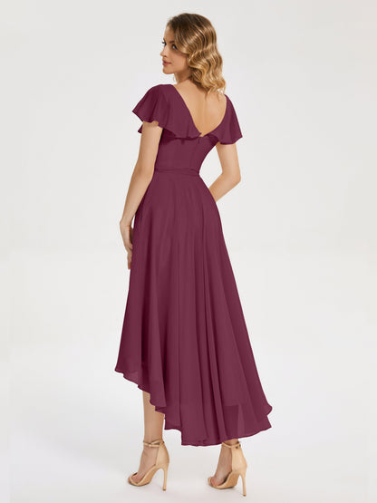 Gabriela Short Sleeves High Low Bridesmaid Dress with Pockets