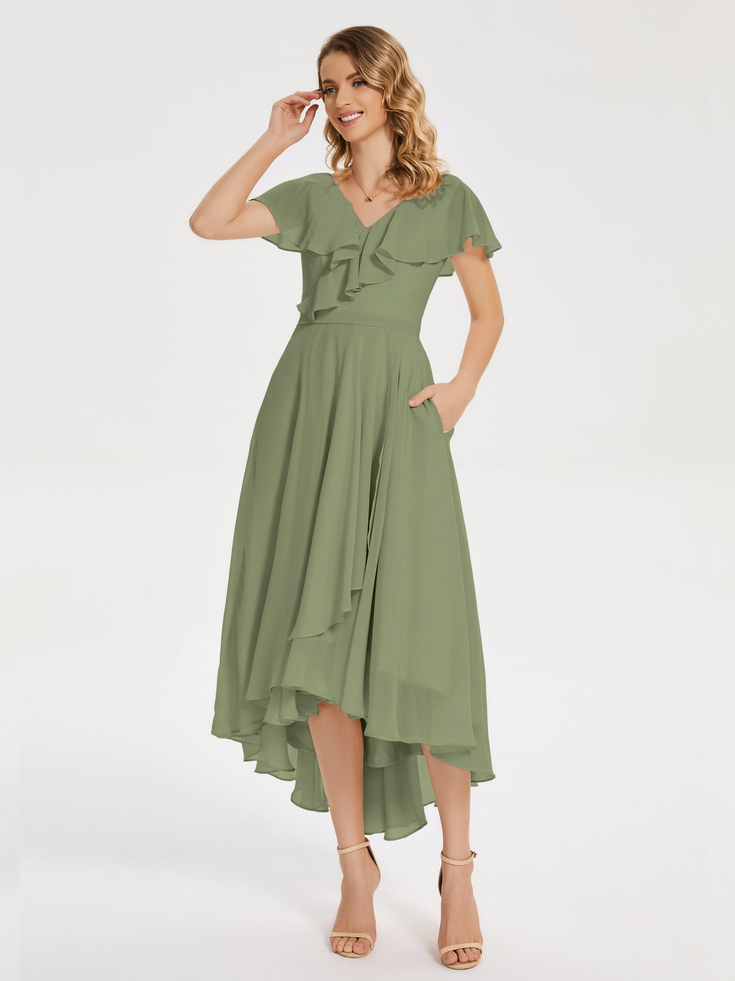 Gabriela Short Sleeves High Low Bridesmaid Dress with Pockets