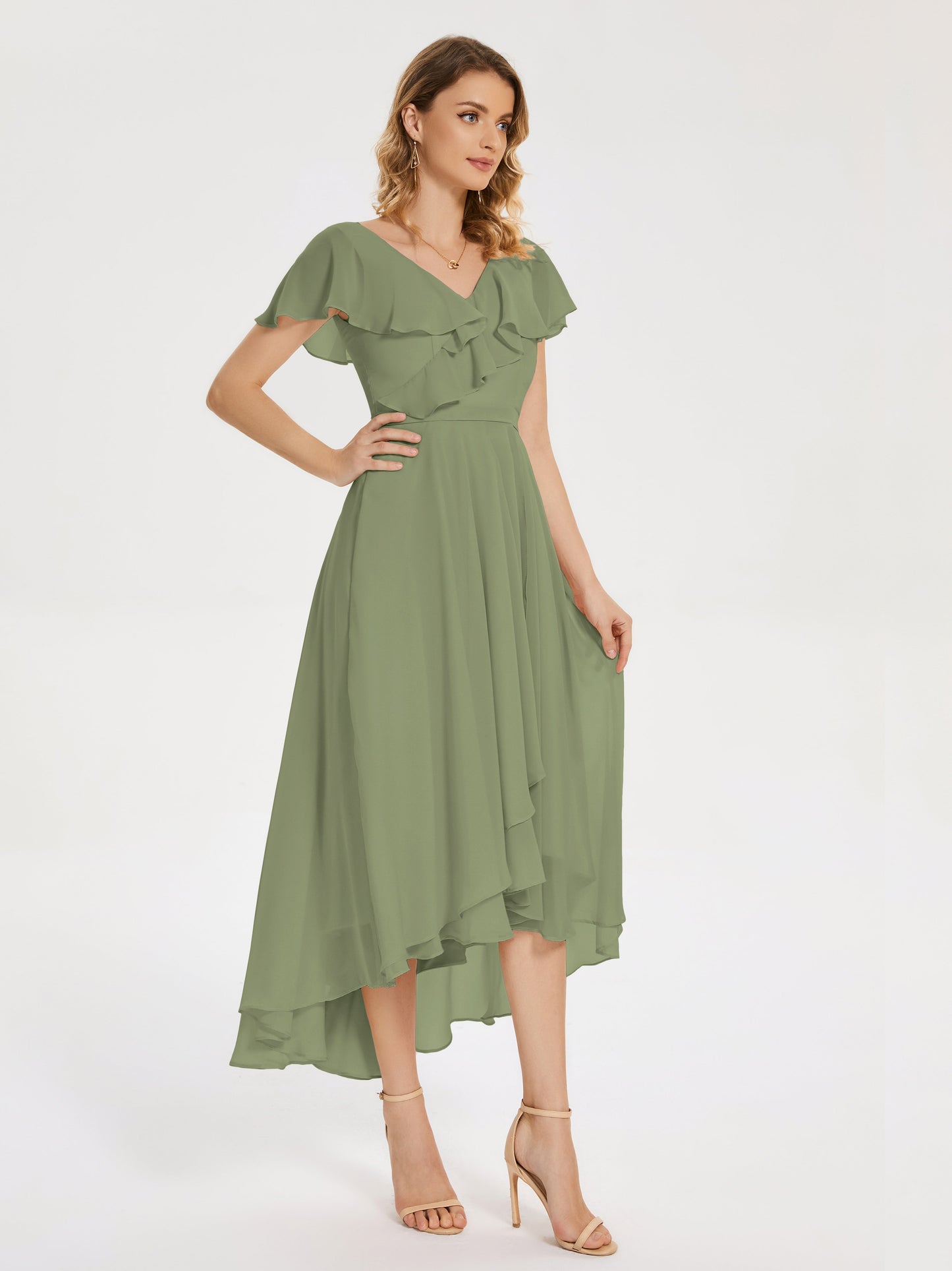 Gabriela Short Sleeves High Low Bridesmaid Dress with Pockets