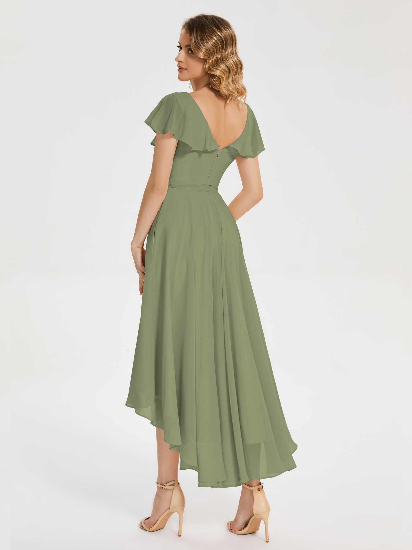 Gabriela Short Sleeves High Low Bridesmaid Dress with Pockets
