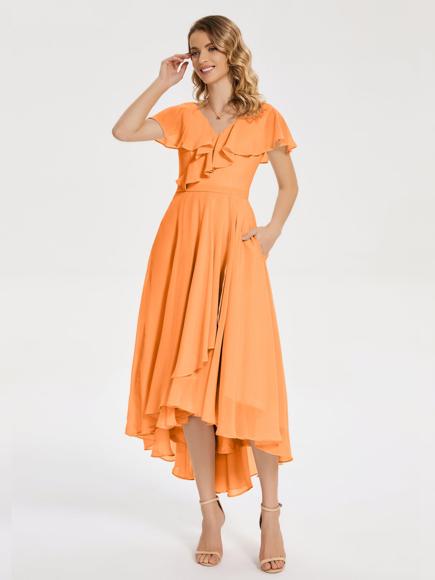 Gabriela Short Sleeves High Low Bridesmaid Dress with Pockets