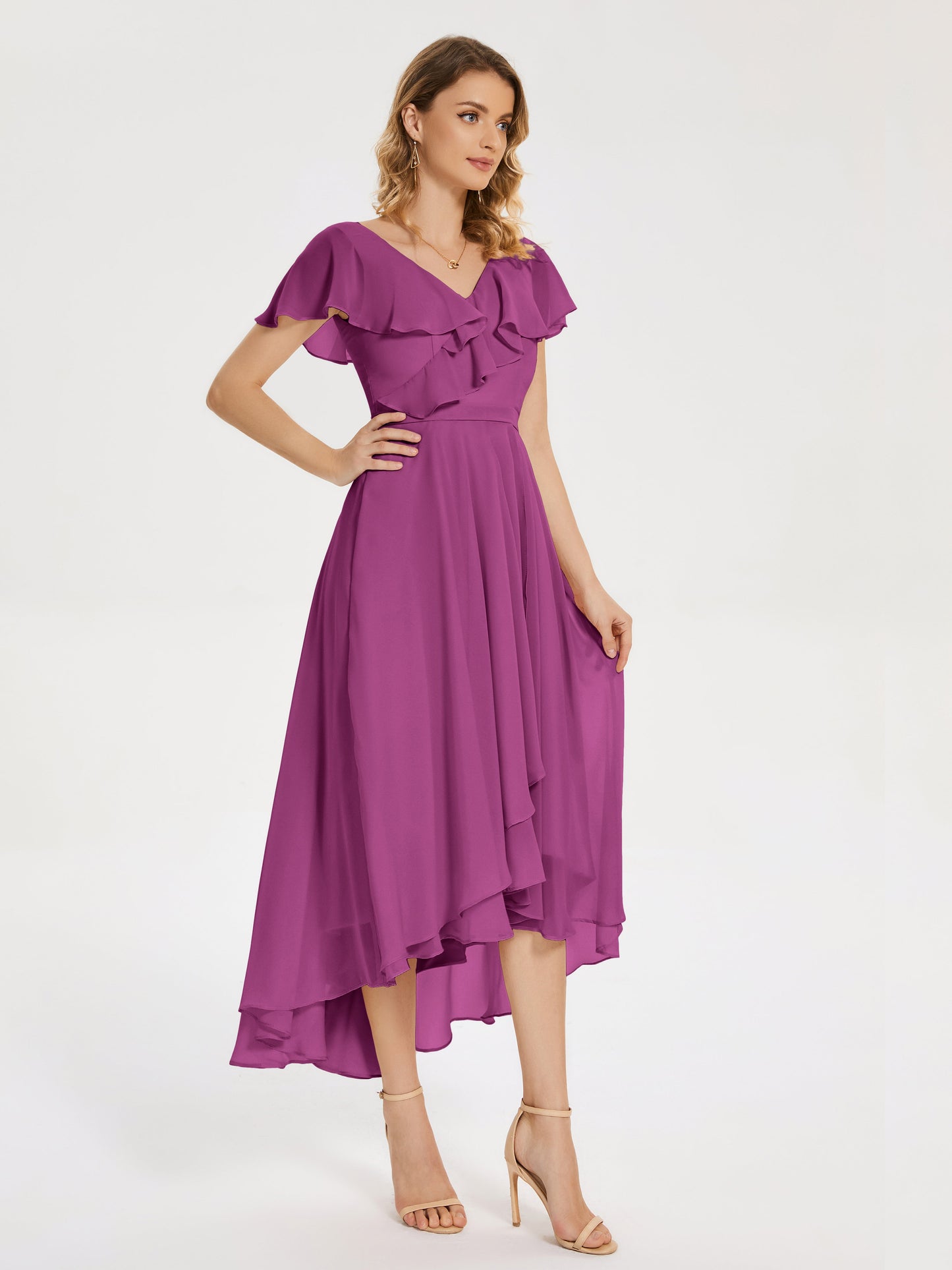 Gabriela Short Sleeves High Low Bridesmaid Dress with Pockets