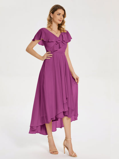 Gabriela Short Sleeves High Low Bridesmaid Dress with Pockets