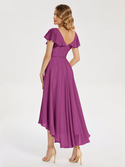 Gabriela Short Sleeves High Low Bridesmaid Dress with Pockets