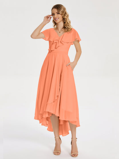 Gabriela Short Sleeves High Low Bridesmaid Dress with Pockets