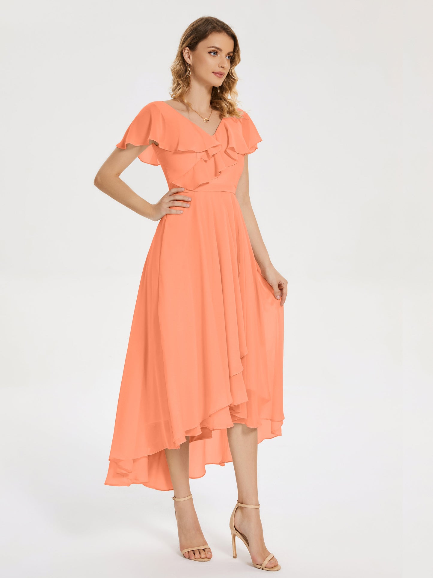 Gabriela Short Sleeves High Low Bridesmaid Dress with Pockets