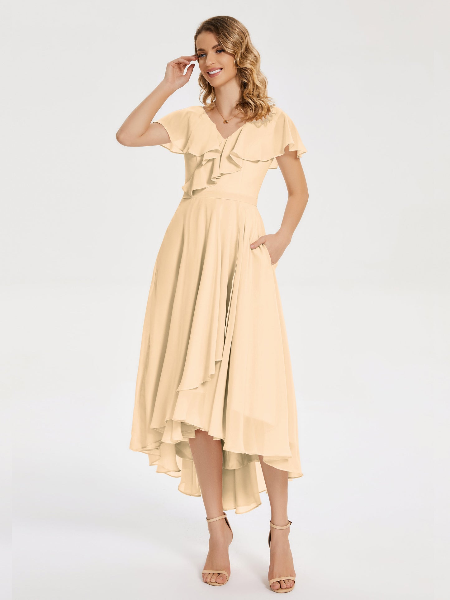 Gabriela Short Sleeves High Low Bridesmaid Dress with Pockets