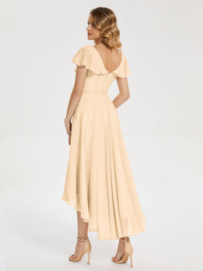 Gabriela Short Sleeves High Low Bridesmaid Dress with Pockets