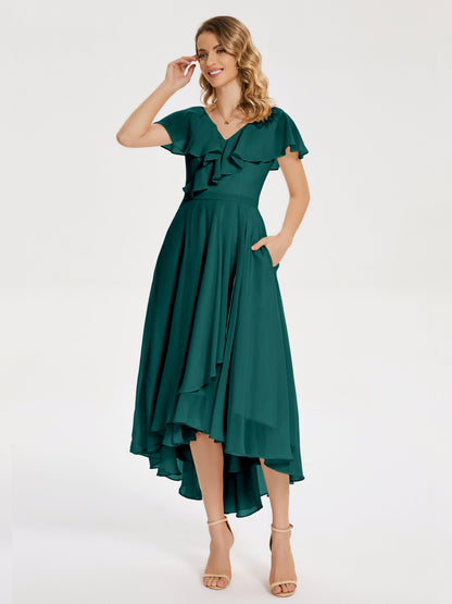 Gabriela Short Sleeves High Low Bridesmaid Dress with Pockets