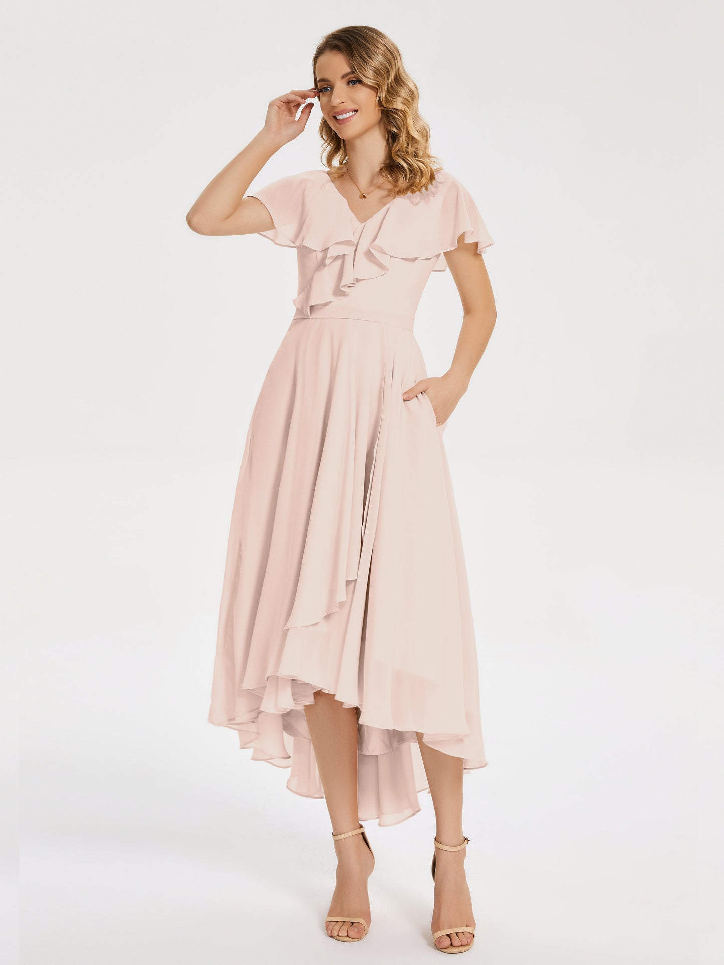 Gabriela Short Sleeves High Low Bridesmaid Dress with Pockets