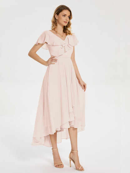 Gabriela Short Sleeves High Low Bridesmaid Dress with Pockets