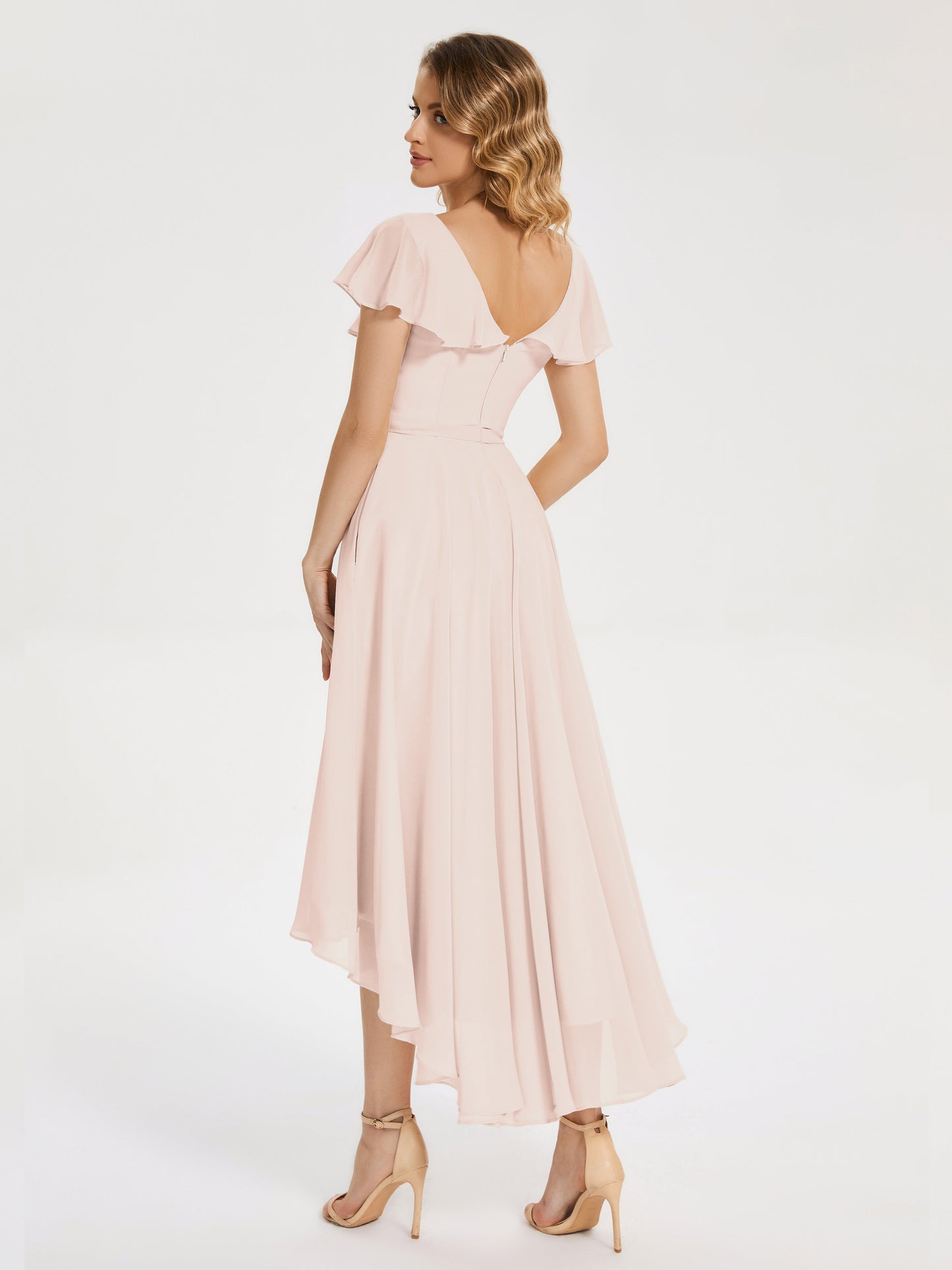 Gabriela Short Sleeves High Low Bridesmaid Dress with Pockets
