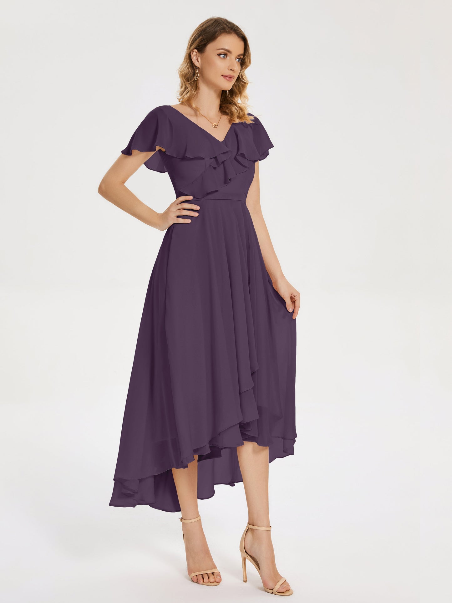 Gabriela Short Sleeves High Low Bridesmaid Dress with Pockets