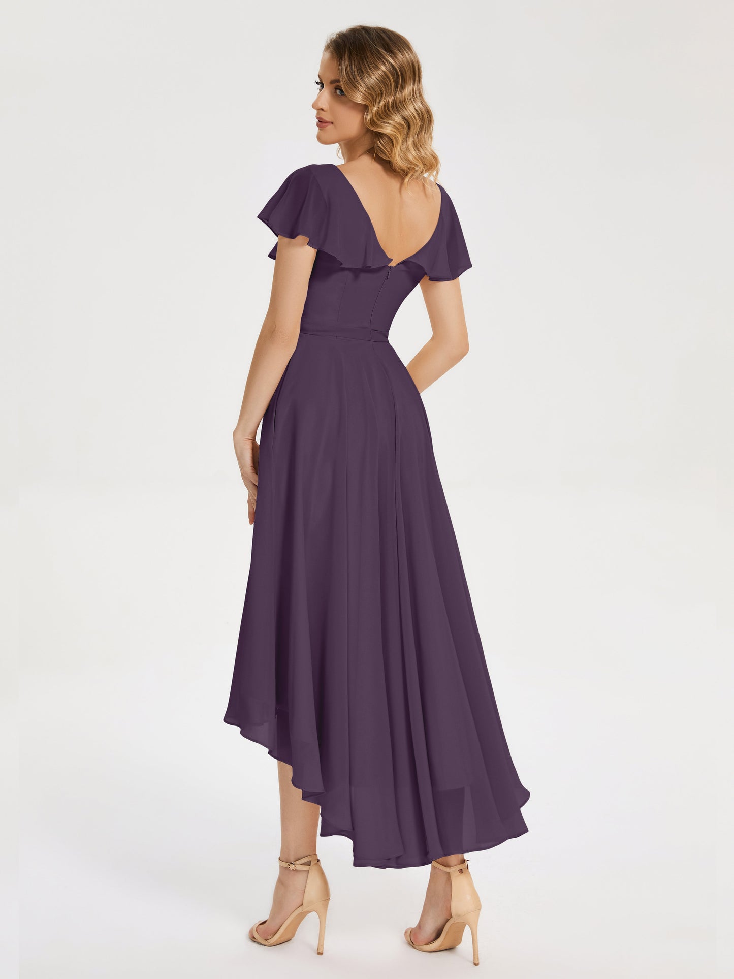 Gabriela Short Sleeves High Low Bridesmaid Dress with Pockets