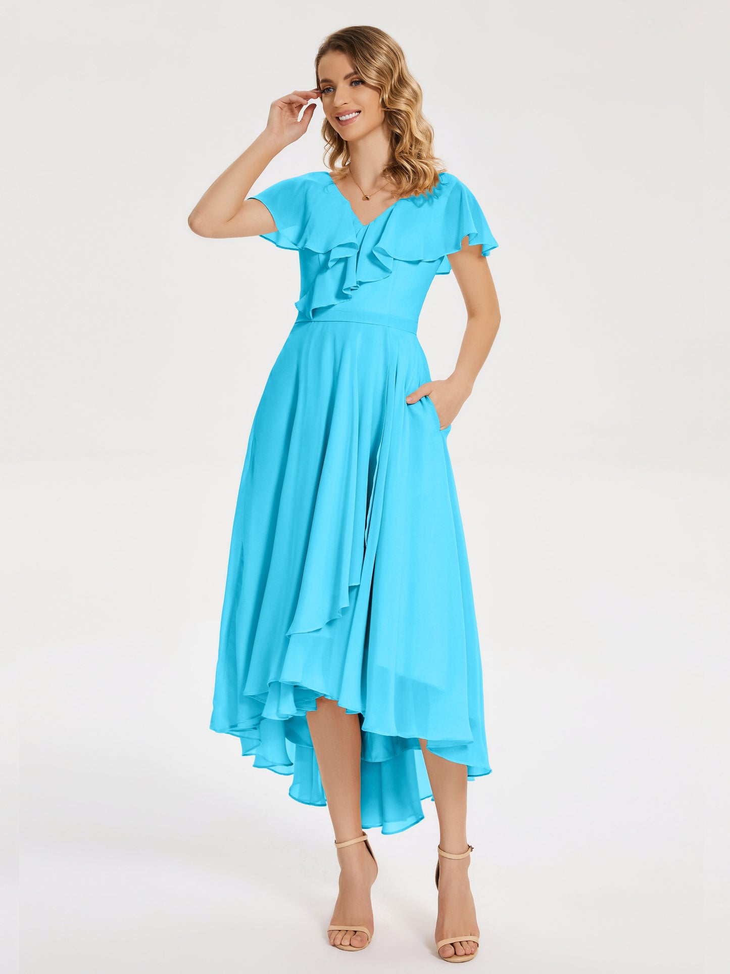 Gabriela Short Sleeves High Low Bridesmaid Dress with Pockets