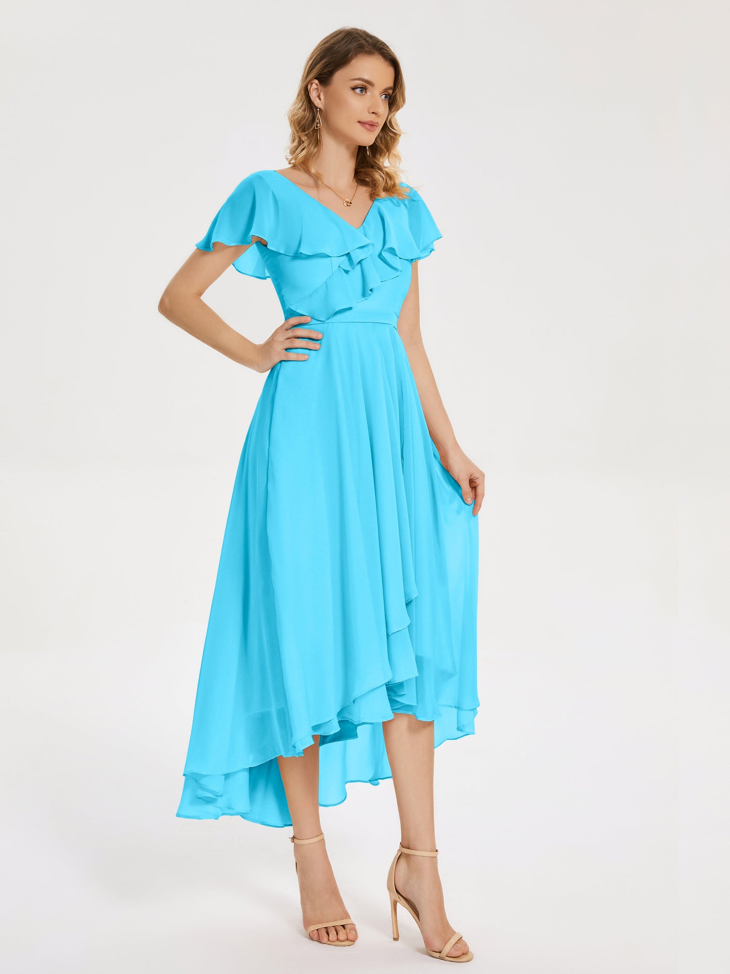 Gabriela Short Sleeves High Low Bridesmaid Dress with Pockets