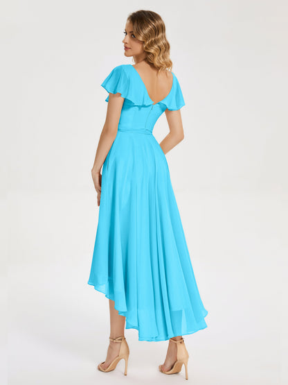 Gabriela Short Sleeves High Low Bridesmaid Dress with Pockets
