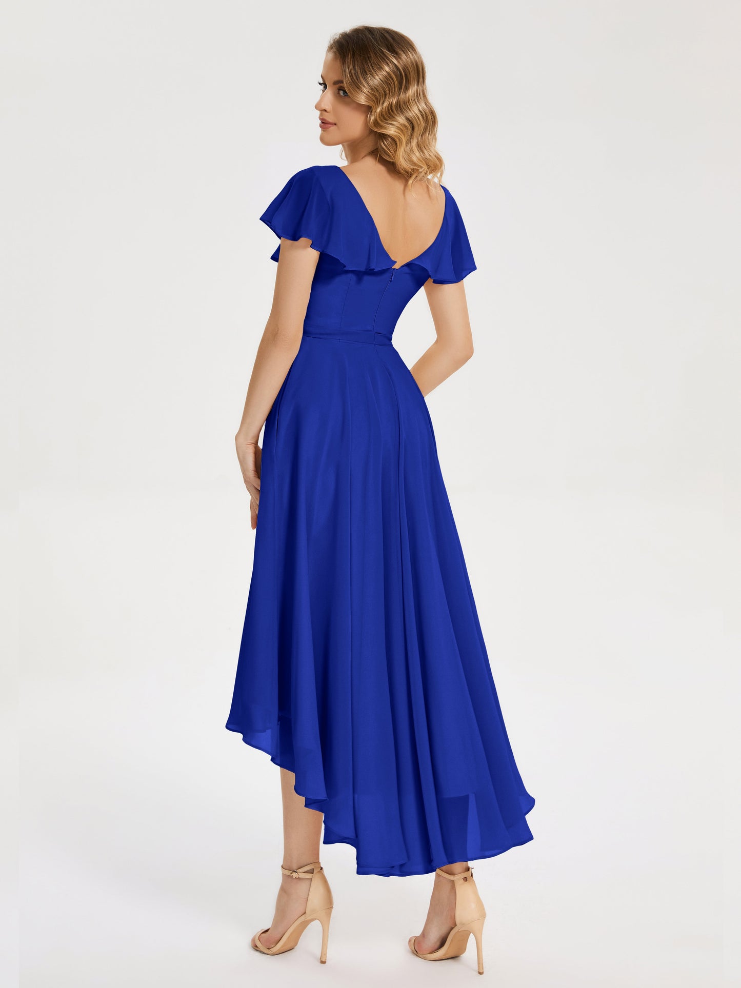 Gabriela Short Sleeves High Low Bridesmaid Dress with Pockets