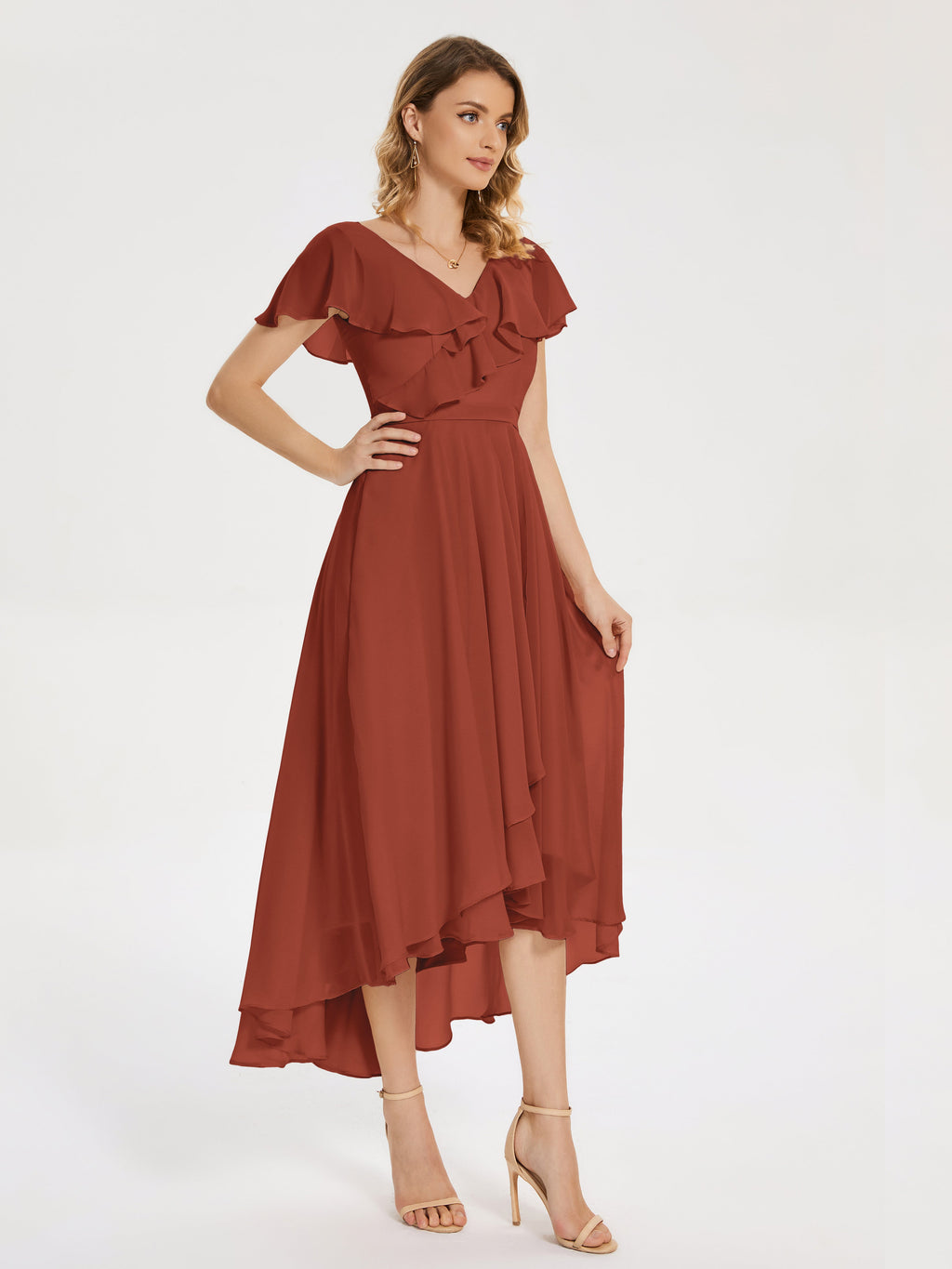 Gabriela Short Sleeves High Low Bridesmaid Dress with Pockets