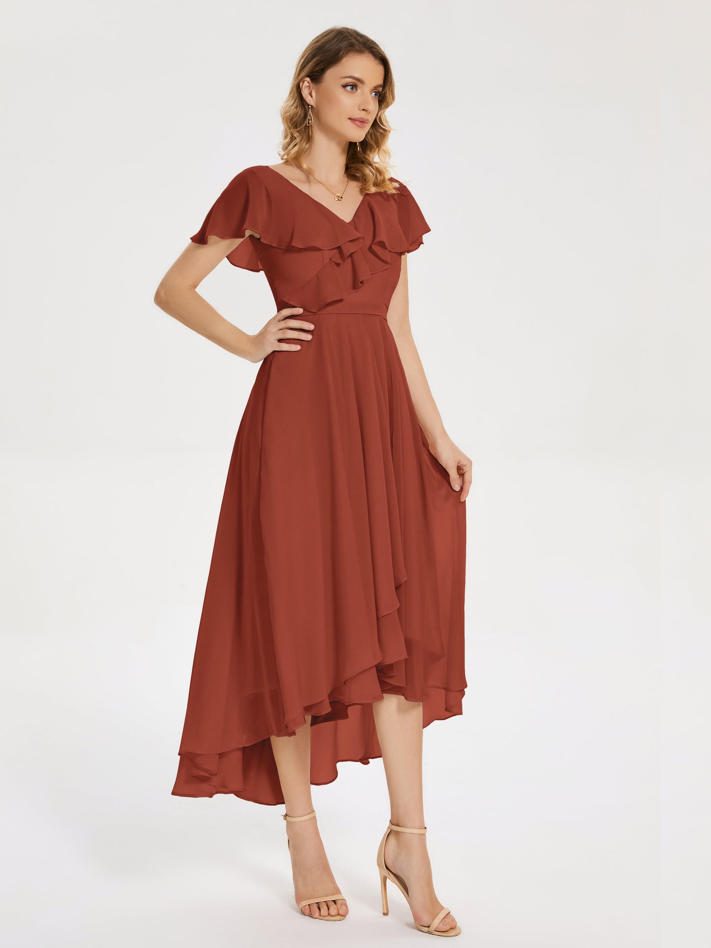 Gabriela Short Sleeves High Low Bridesmaid Dress with Pockets