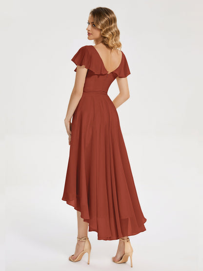 Gabriela Short Sleeves High Low Bridesmaid Dress with Pockets