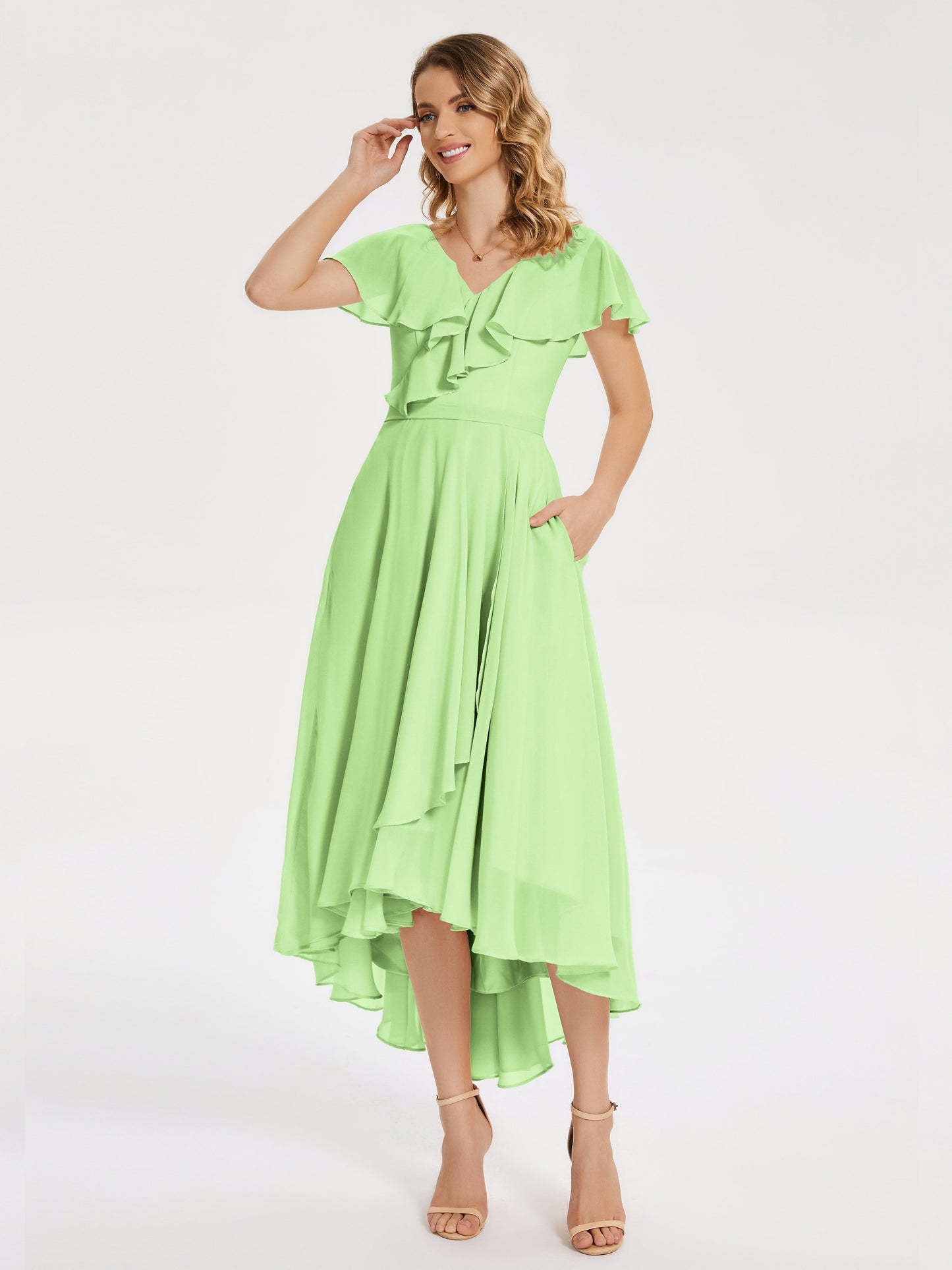 Gabriela Short Sleeves High Low Bridesmaid Dress with Pockets
