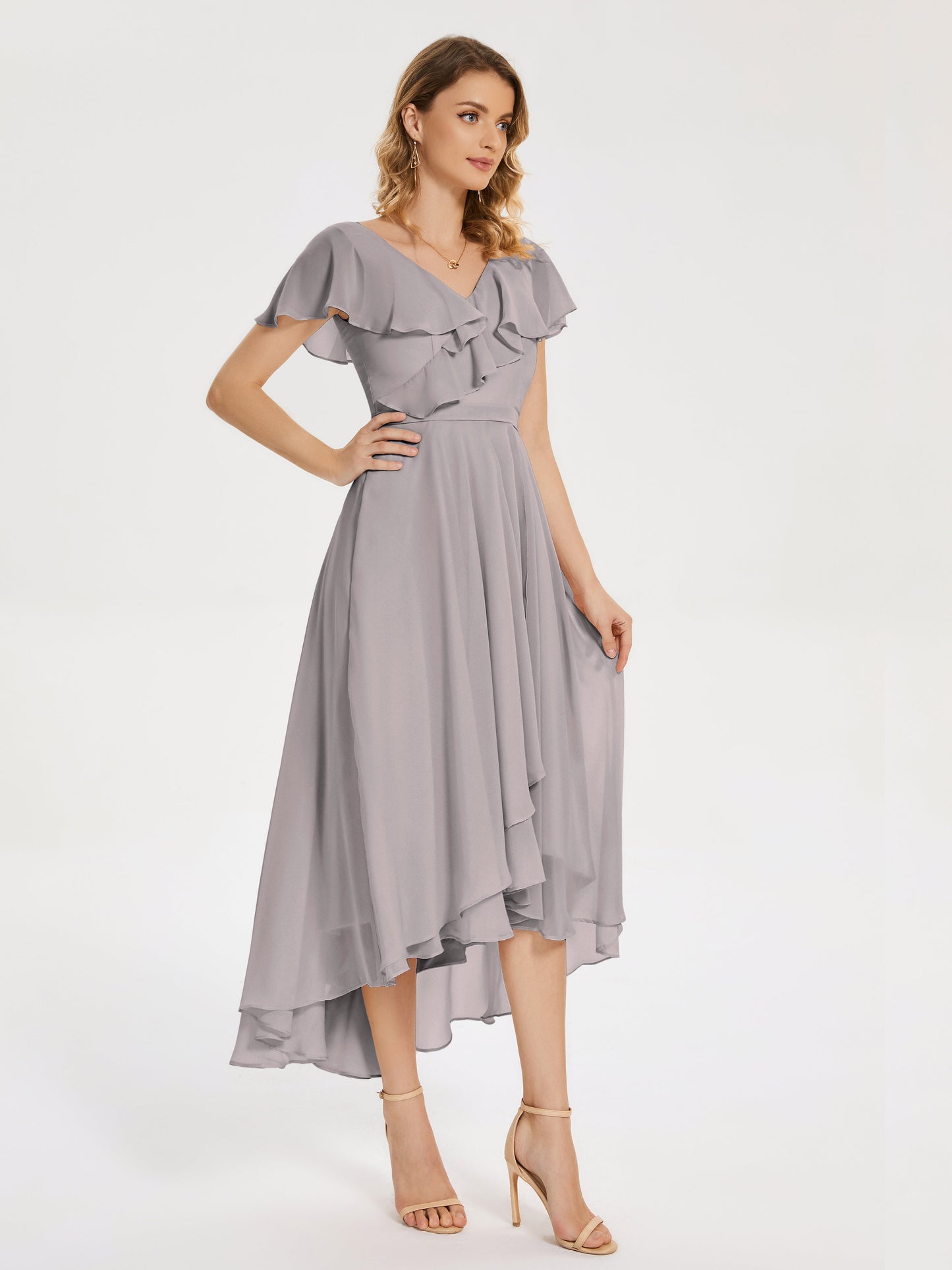 Gabriela Short Sleeves High Low Bridesmaid Dress with Pockets