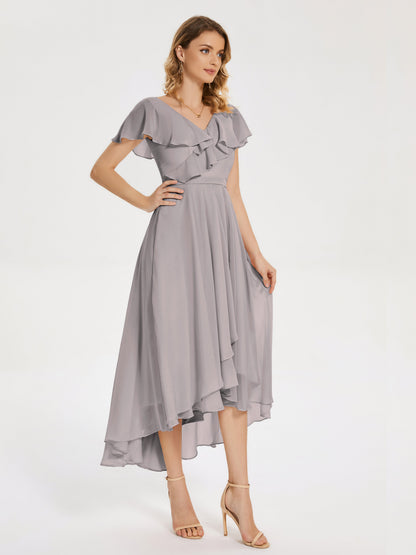 Gabriela Short Sleeves High Low Bridesmaid Dress with Pockets