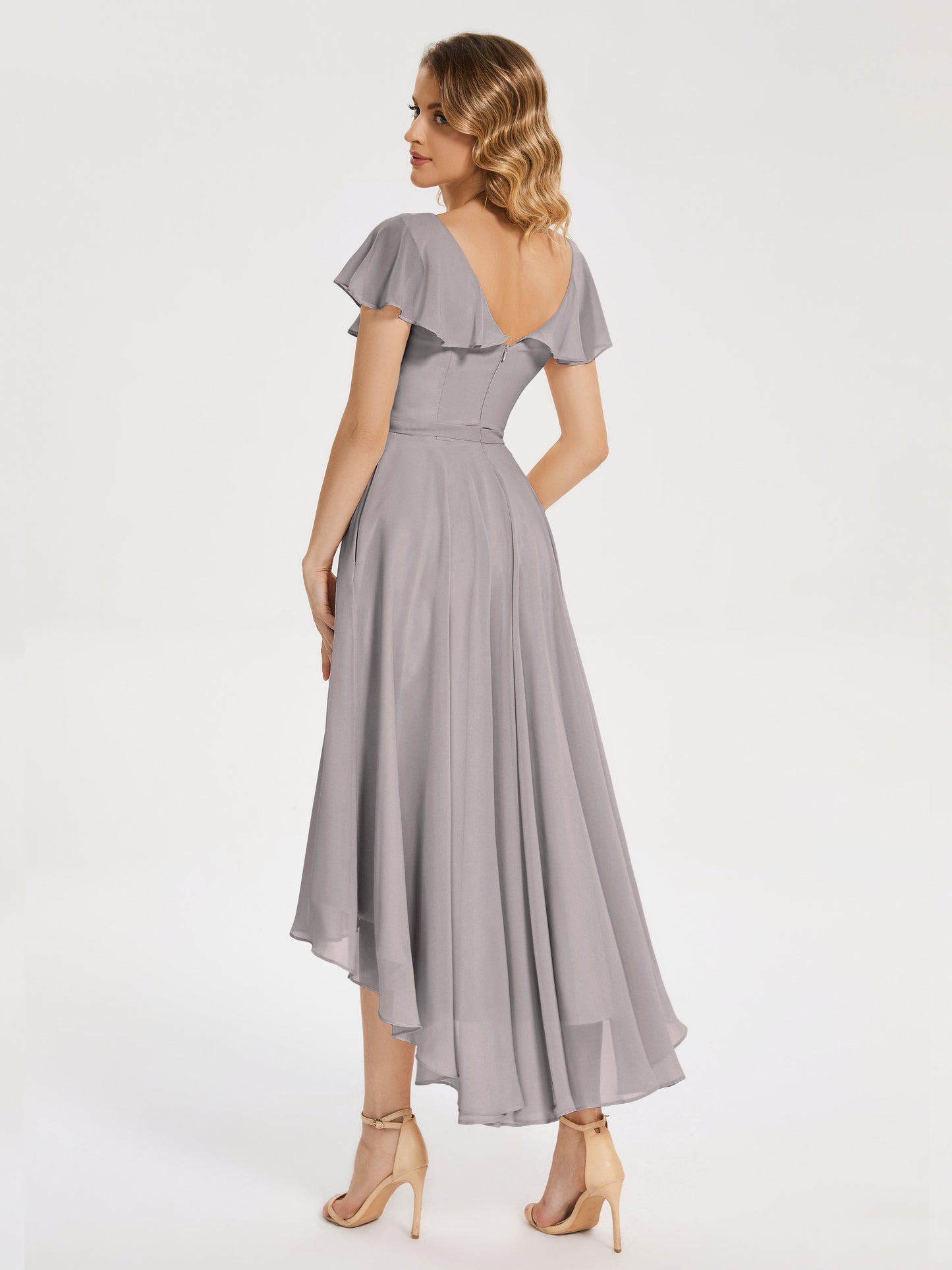 Gabriela Short Sleeves High Low Bridesmaid Dress with Pockets