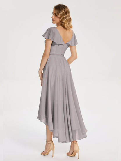 Gabriela Short Sleeves High Low Bridesmaid Dress with Pockets