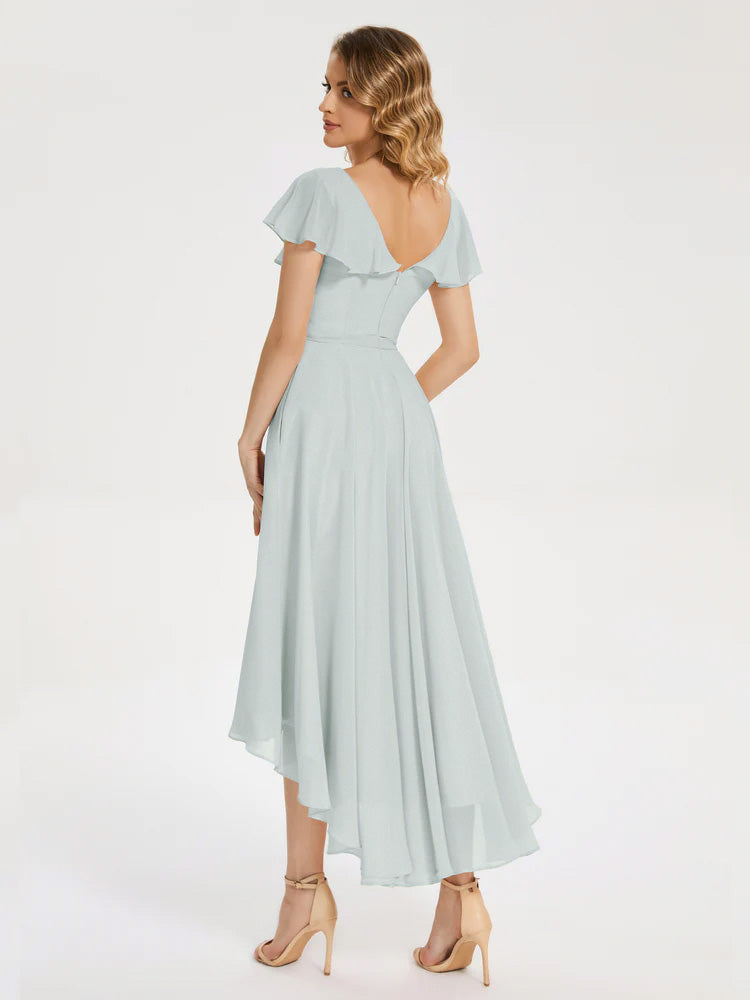 Gabriela Short Sleeves High Low Bridesmaid Dress with Pockets