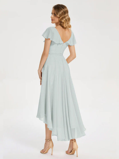 Gabriela Short Sleeves High Low Bridesmaid Dress with Pockets