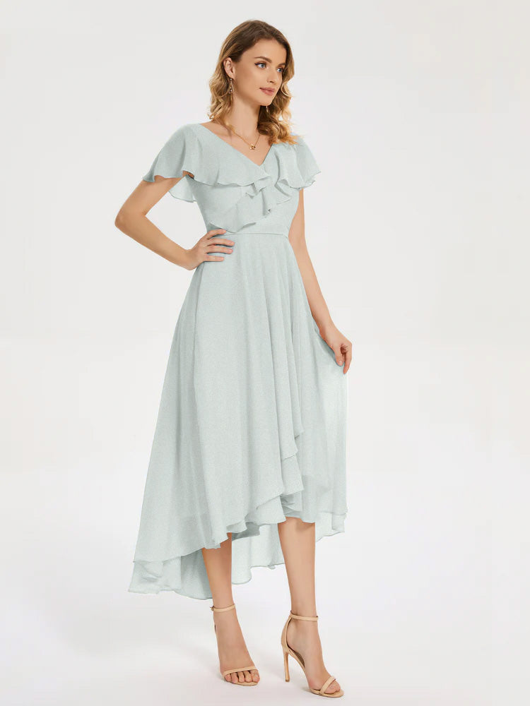 Gabriela Short Sleeves High Low Bridesmaid Dress with Pockets