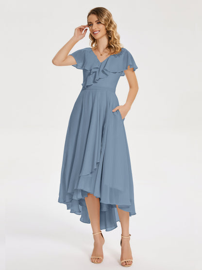 Gabriela Short Sleeves High Low Bridesmaid Dress with Pockets