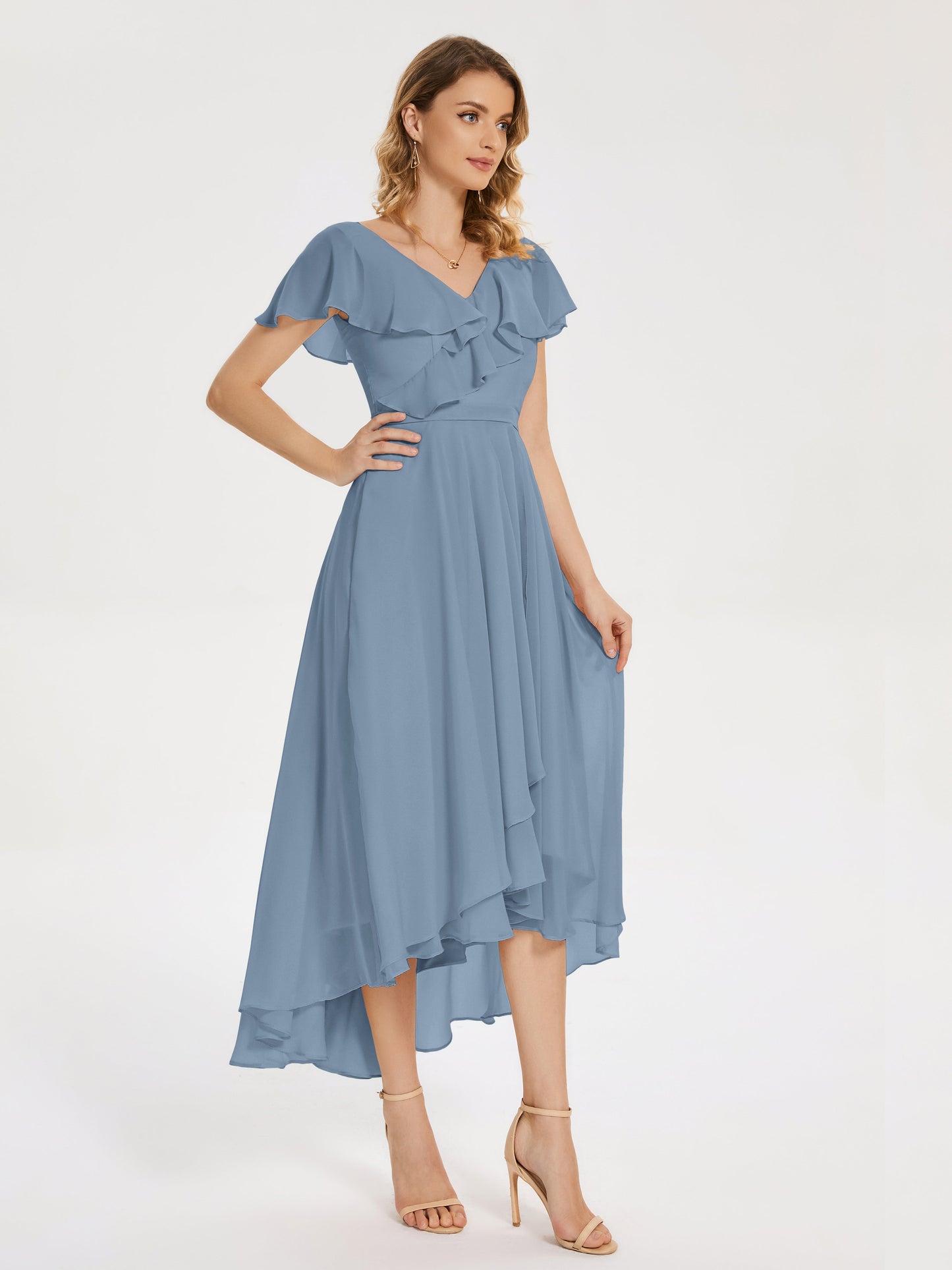 Gabriela Short Sleeves High Low Bridesmaid Dress with Pockets