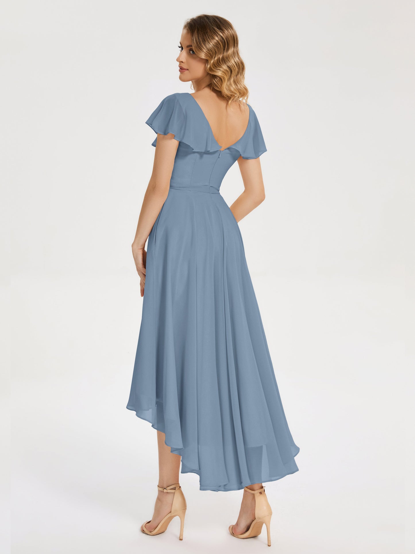 Gabriela Short Sleeves High Low Bridesmaid Dress with Pockets