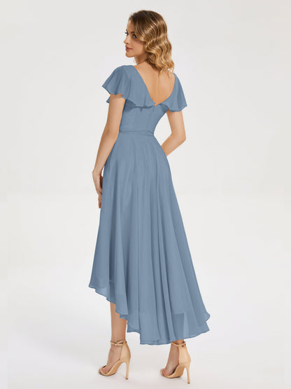 Gabriela Short Sleeves High Low Bridesmaid Dress with Pockets