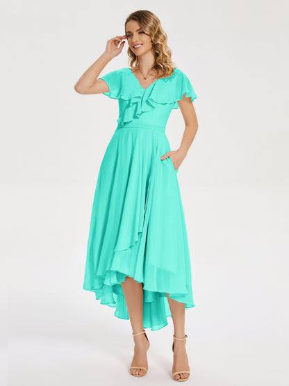 Gabriela Short Sleeves High Low Bridesmaid Dress with Pockets
