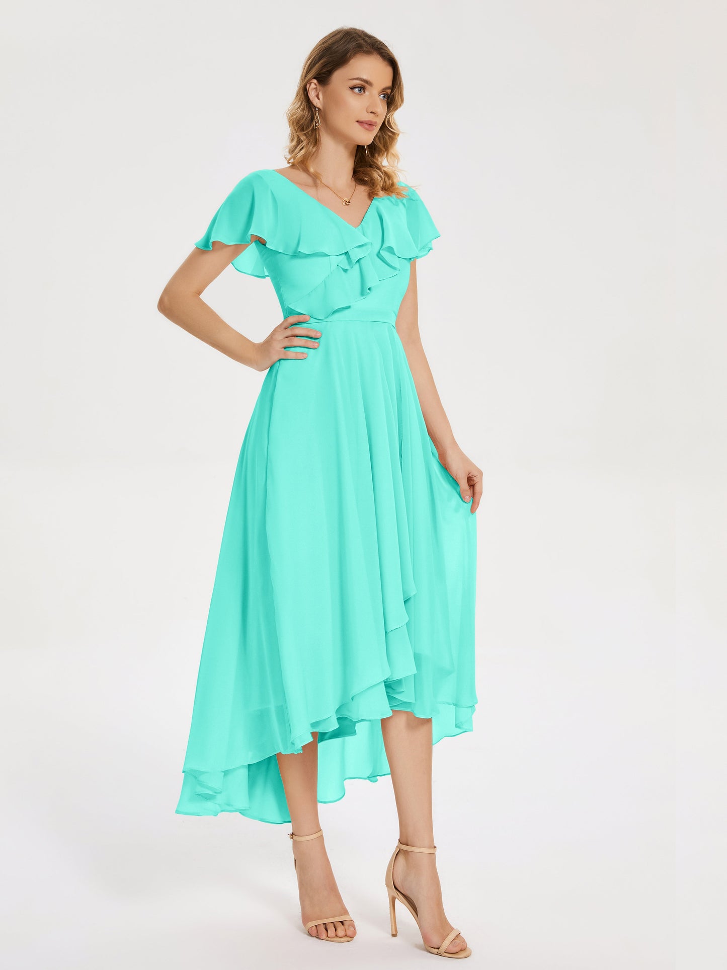 Gabriela Short Sleeves High Low Bridesmaid Dress with Pockets