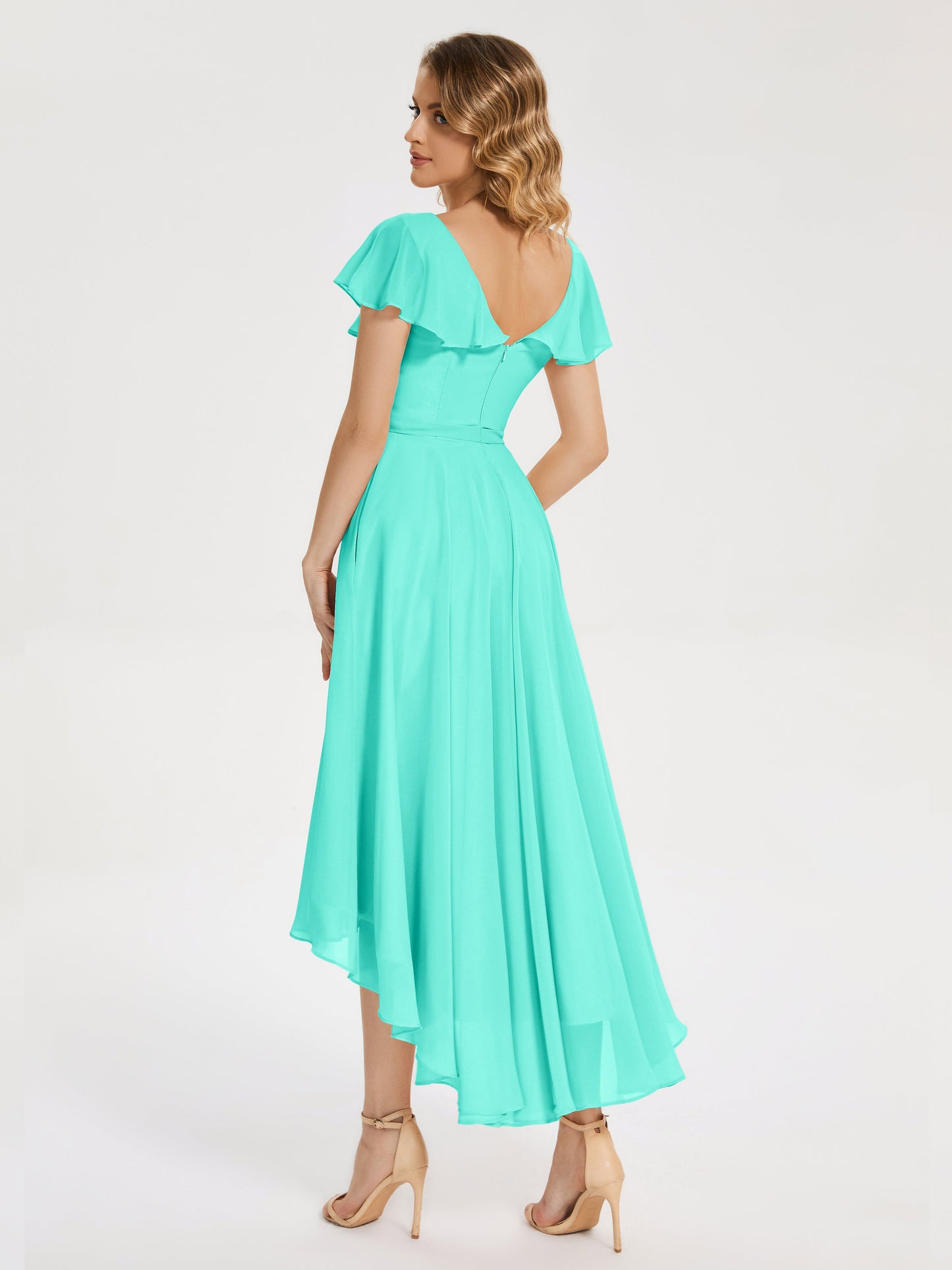 Gabriela Short Sleeves High Low Bridesmaid Dress with Pockets