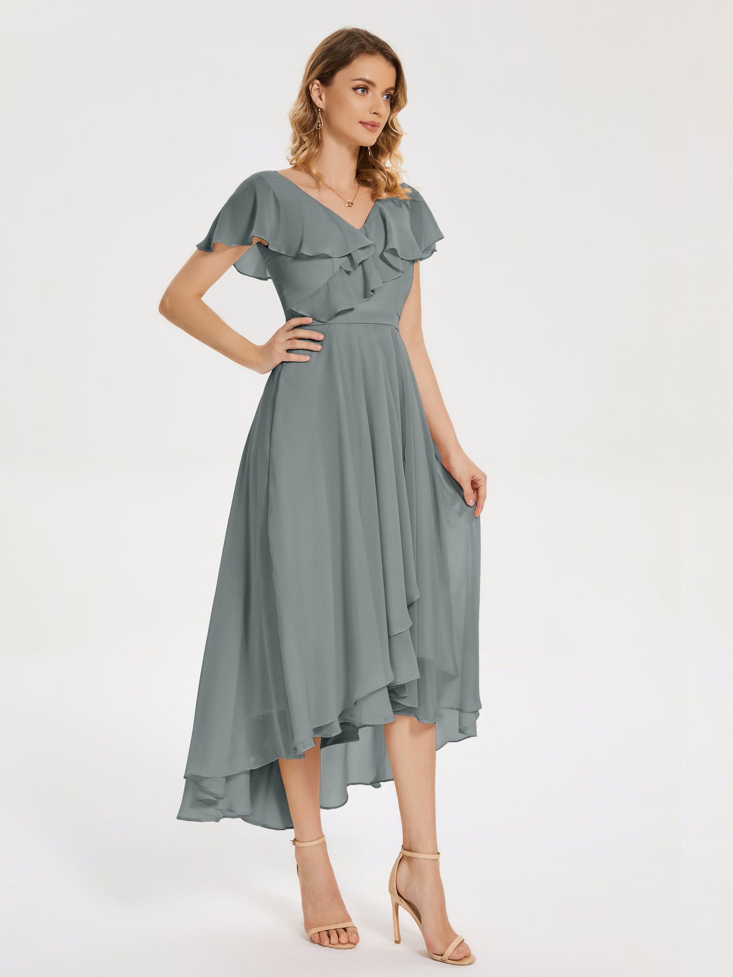 Gabriela Short Sleeves High Low Bridesmaid Dress with Pockets
