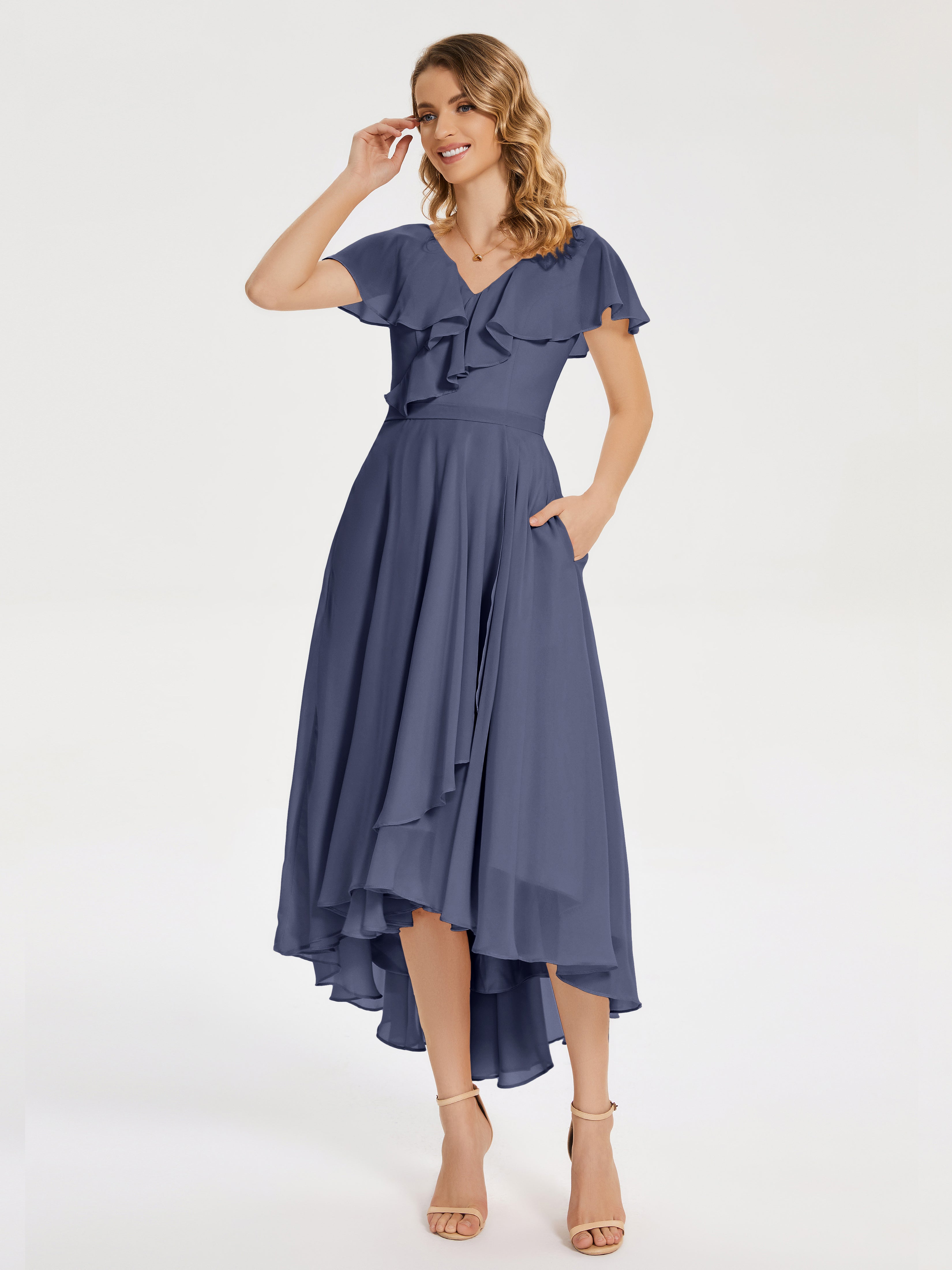 Gabriela Short Sleeves High Low Bridesmaid Dress with Pockets